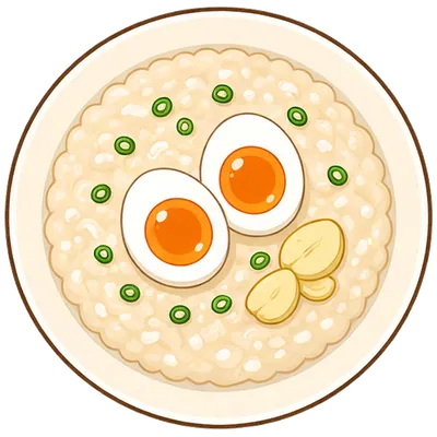 Garlicky rice porridge with jammy eggs