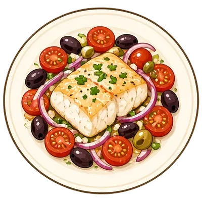 Mediterranean baked cod with tomatoes and olives
