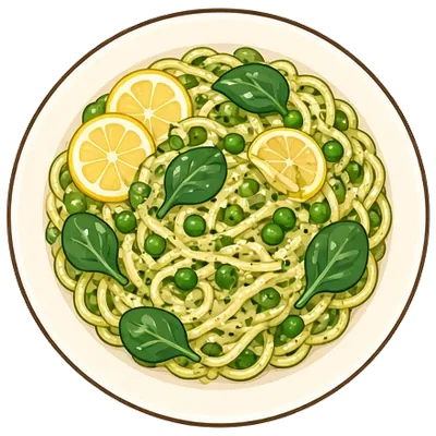 Pesto pasta with peas and spinach