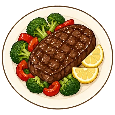 Seared steak with roasted broccoli and peppers